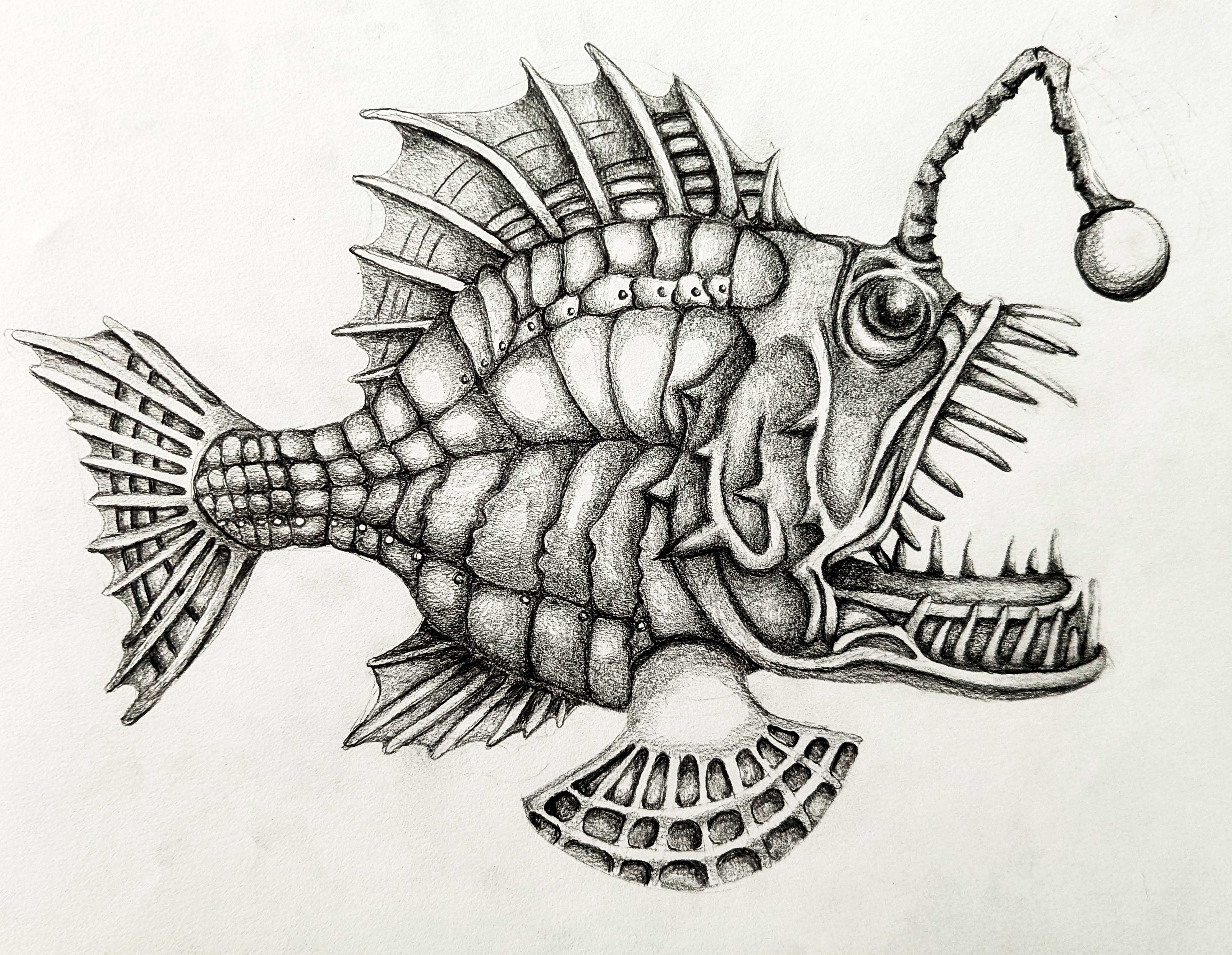 Image of a modified angler fish with lots of scales and texture. There is a horn on the front of the fish with a ball at the end of the horn.