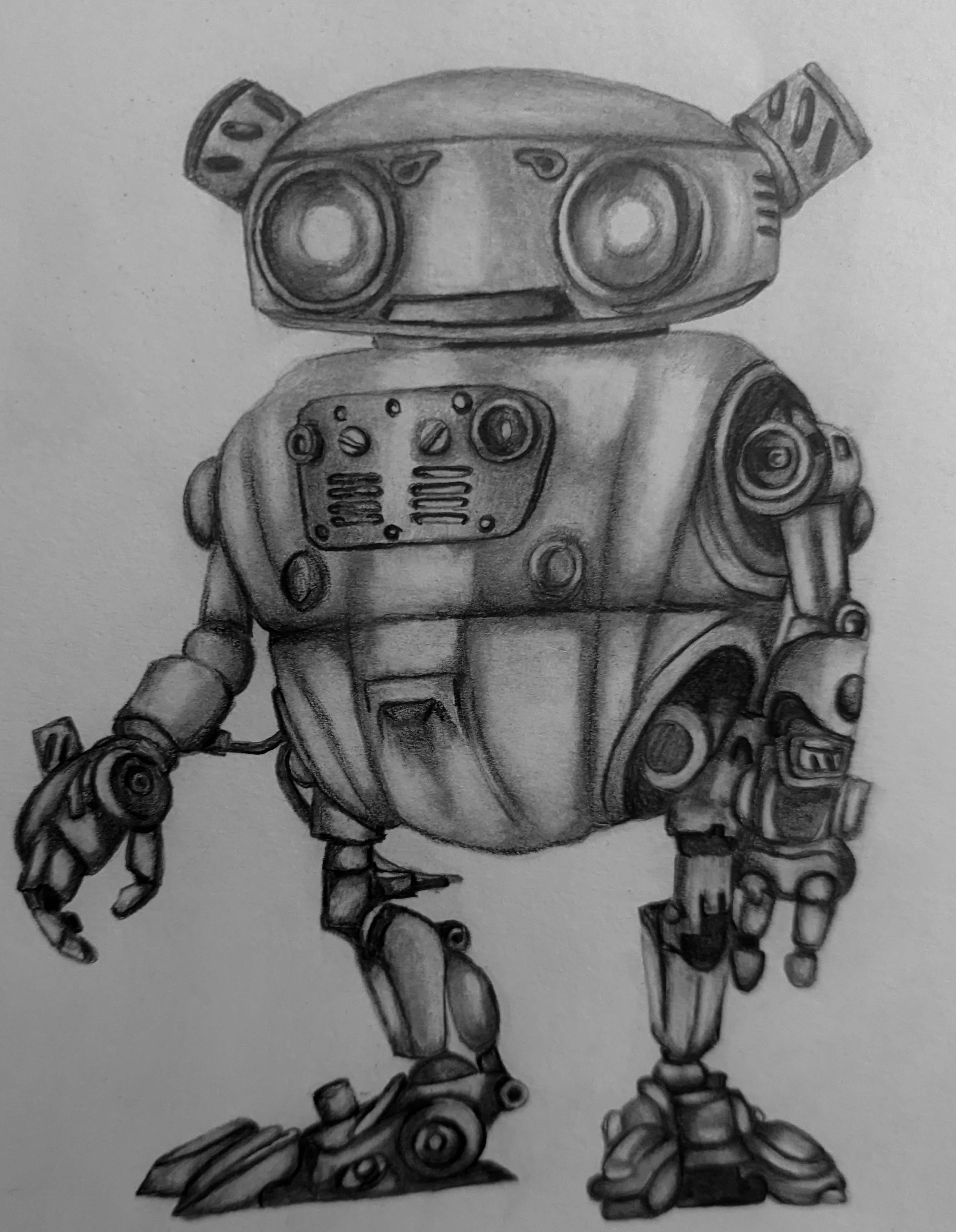 Image of a small robot that has an interface on its chest, short and stout sized, big circular eyes, and two cylinders that look like ears on each side of the head.