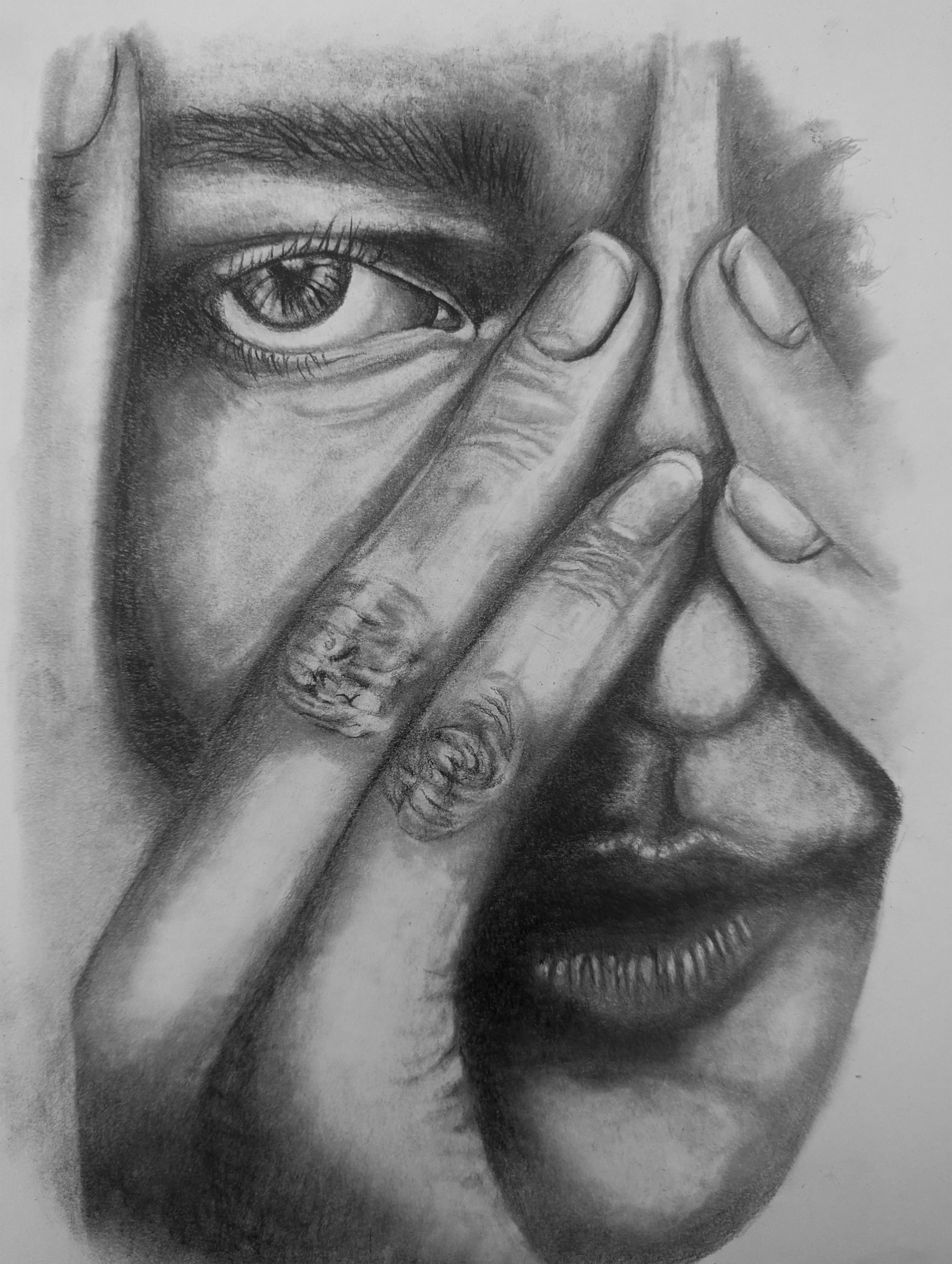 A woman's face with fingers on the face with one eye, tip of the nose, and lips visible.