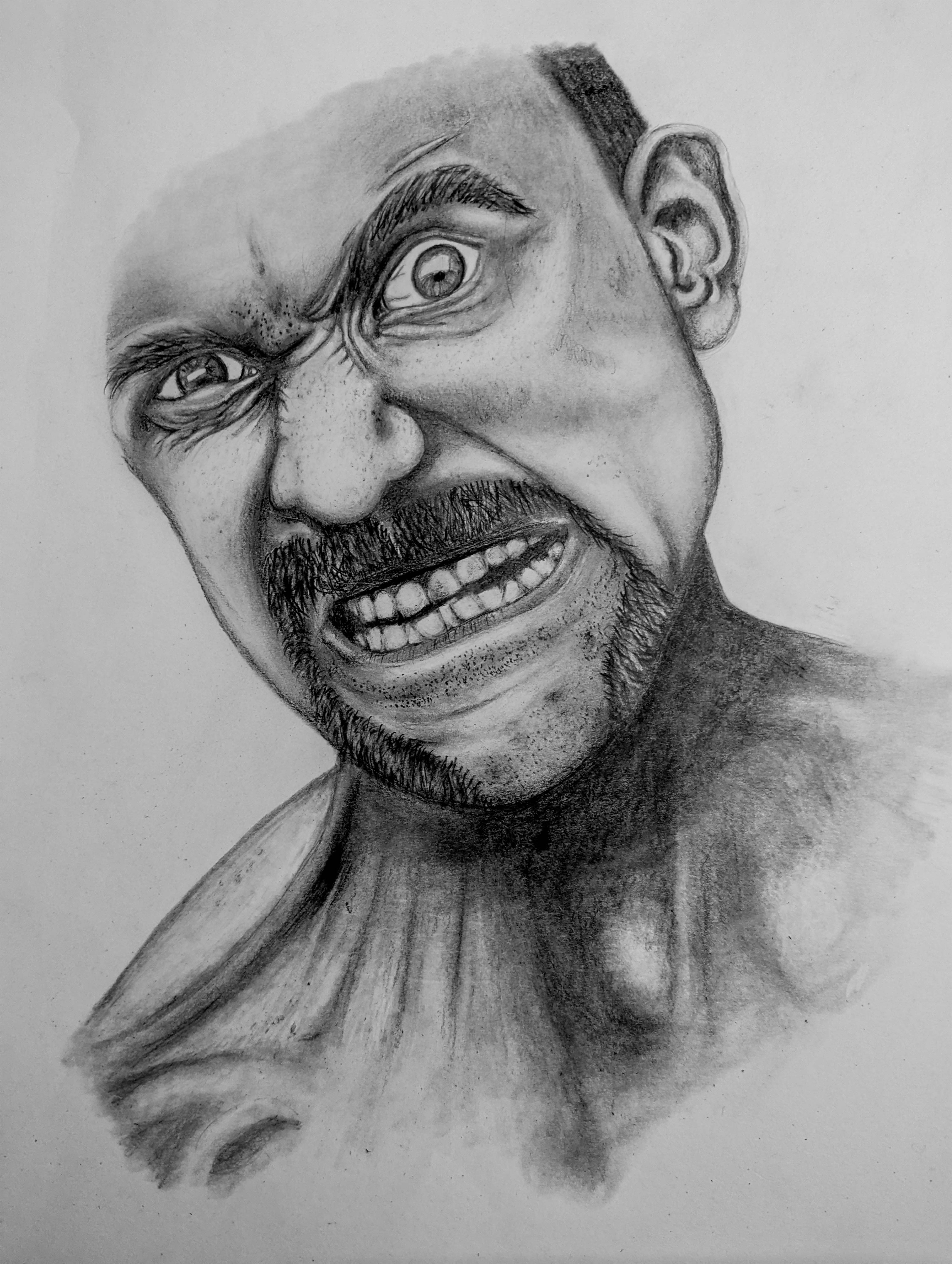 Image of a man gritting and bearing his teeth and he has wrinkles on his face and chest that are consistent with gritting ones teeth. One eye is open much larger than the other.