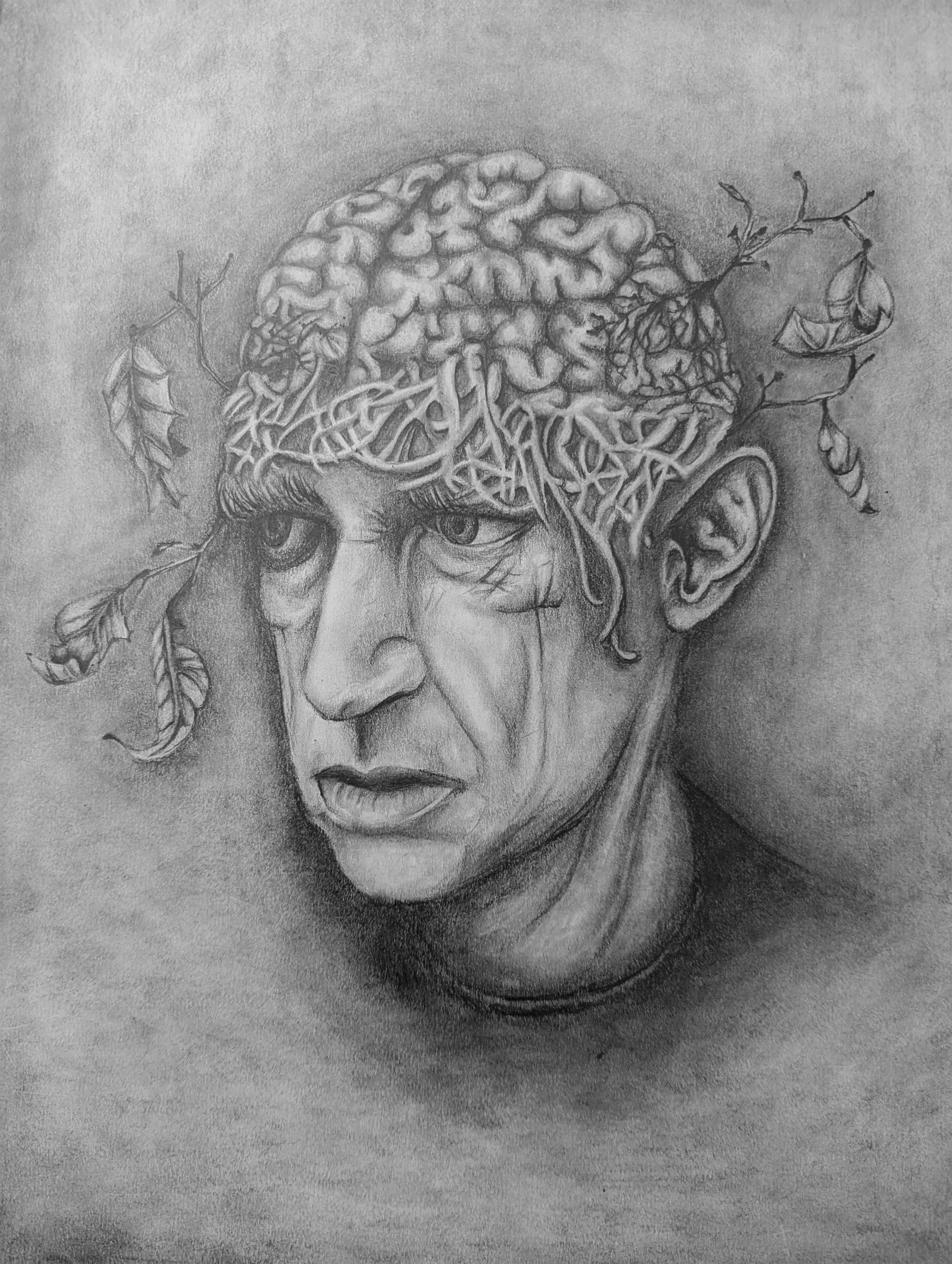 Image of man's face with a brain with roots on the top of his head about where his hair would be. There are leaves coming out of the brain and the leaves look dead. The man has a sad look on his face.