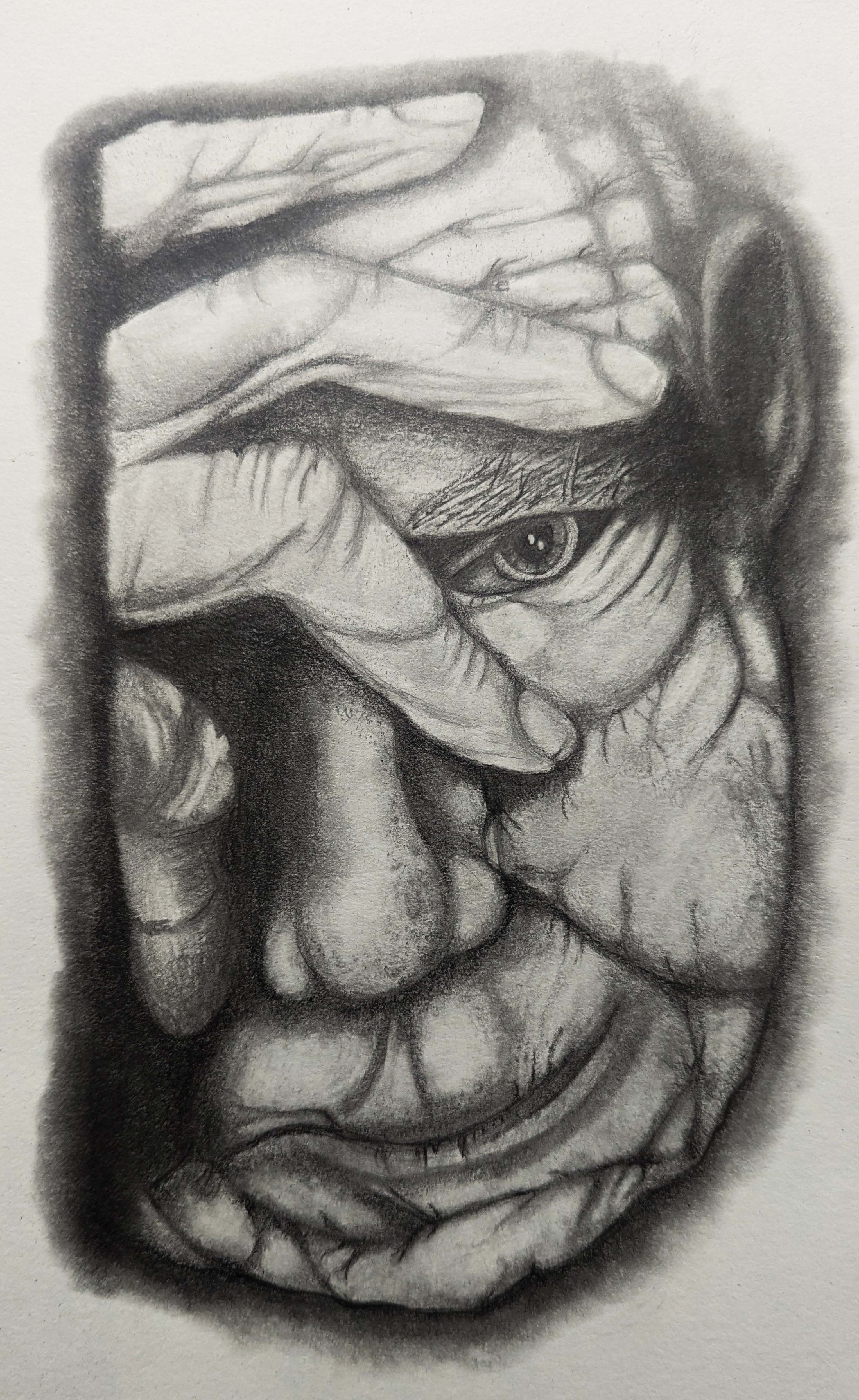 An old mad with the top of his head in his hand. You can see one eye, nose, and mouth, and ear. The eye is dark and shadowy.