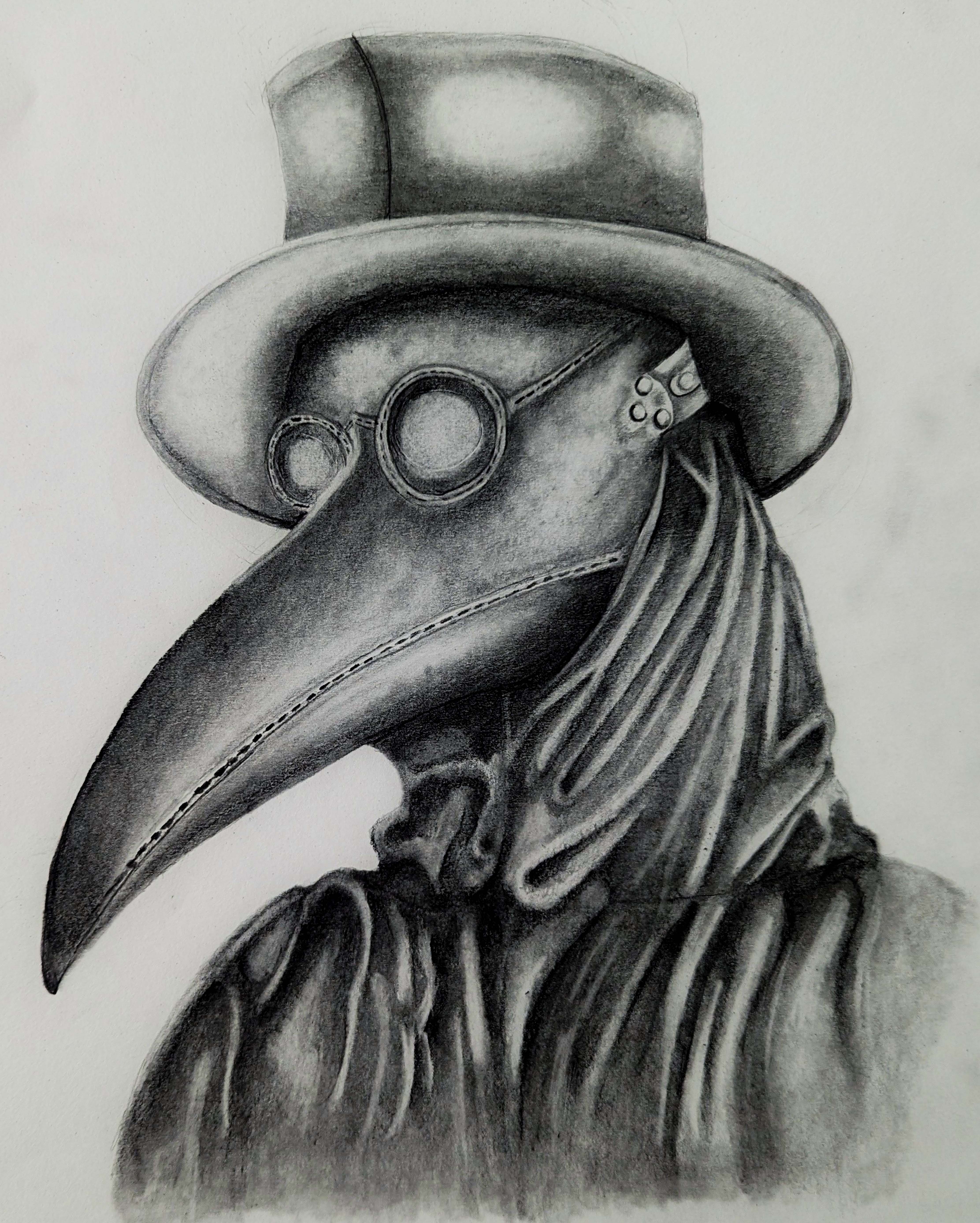Portrait image of a traditional plage doctor. The portrait has the doctor wearing a top hat and bird mask with goggles. The doctor is shrouded in black gown down to the shoulders where the image ends and you cannot see the whole body.