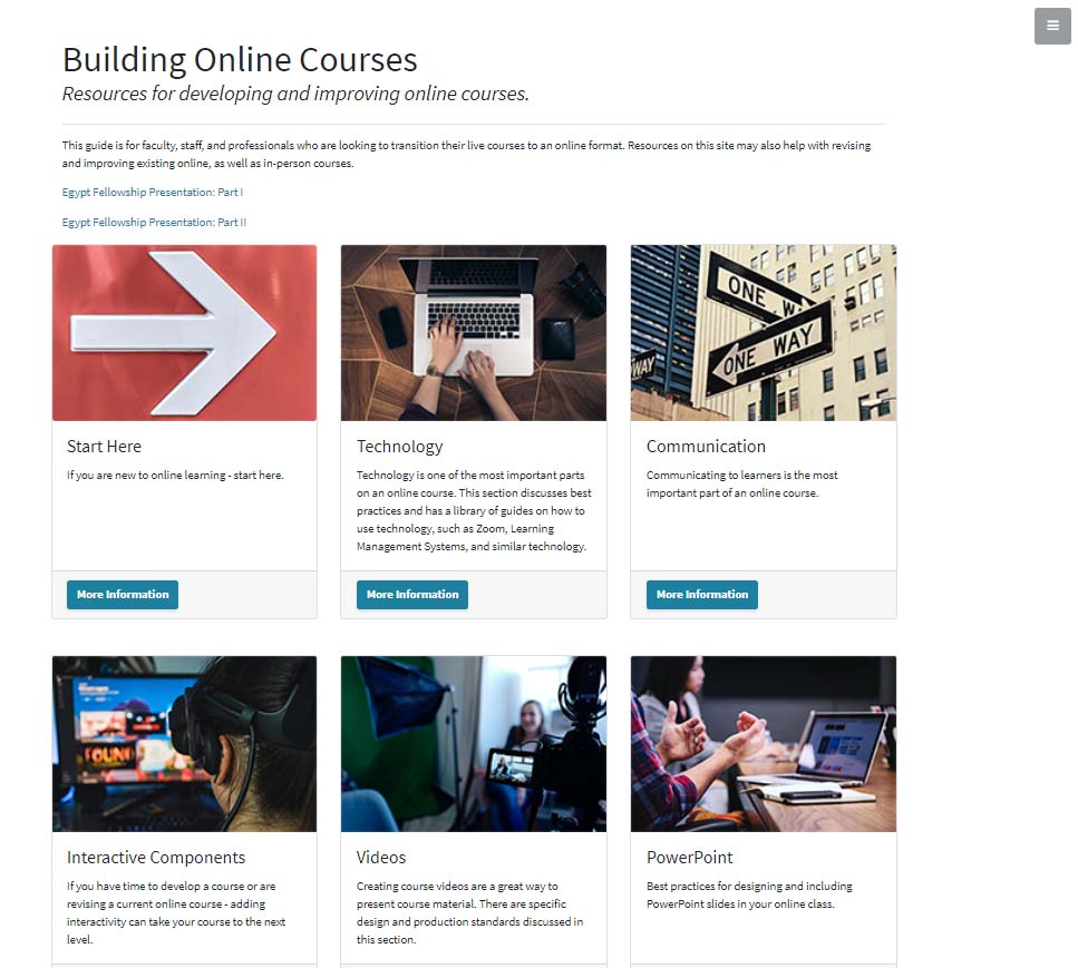 An image of a website with six modules and there are images for each module. Each image is above text and a blue button with text on it.