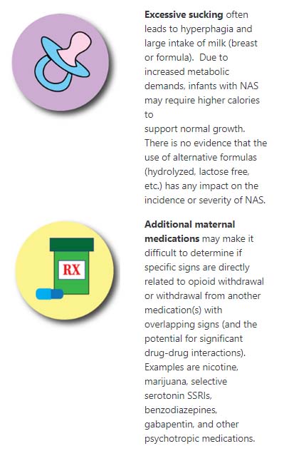 Image of a baby pacificer icon on a circular purple background at the top left of the page. Image of a pill bottle on a circular yellow background in the bottom left of the page. There is text next to the right of each icon.