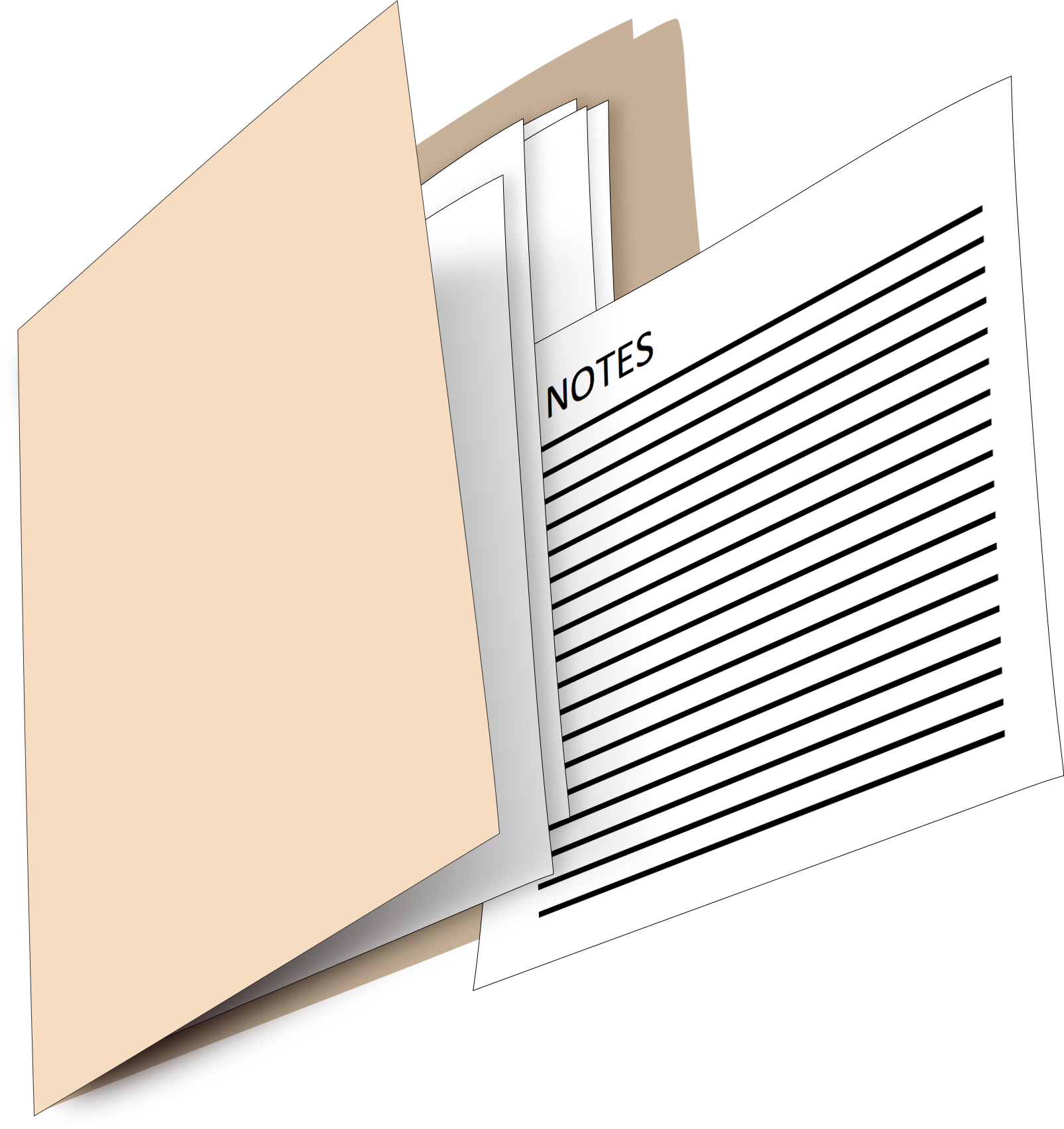 File folder open with pages inside. One page is coming out of the file and has the word notes on the top of the page with lines below.