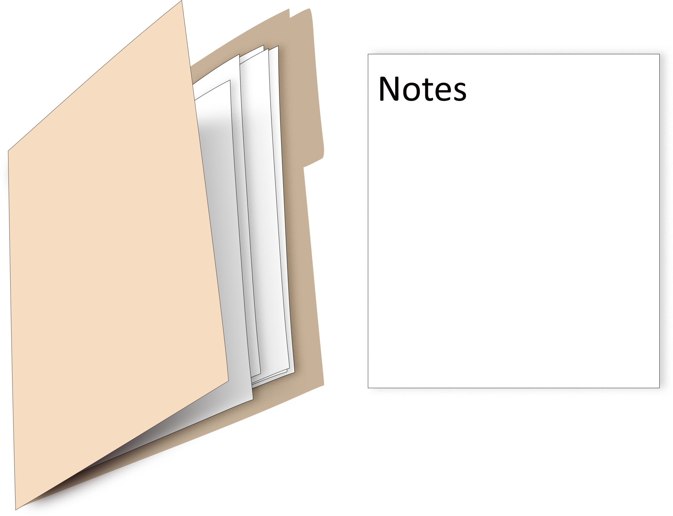 File folder on the left and notes to the right with the word notes at the top of the notes page. The file folder is partially opened and you can see papers are inside the folder.
