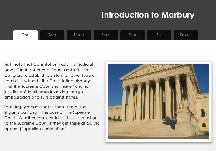 A link to a Storyline presentation that has Introduction to Marbury at the top right. There is text on the left and a picture of a courthouse on the right.