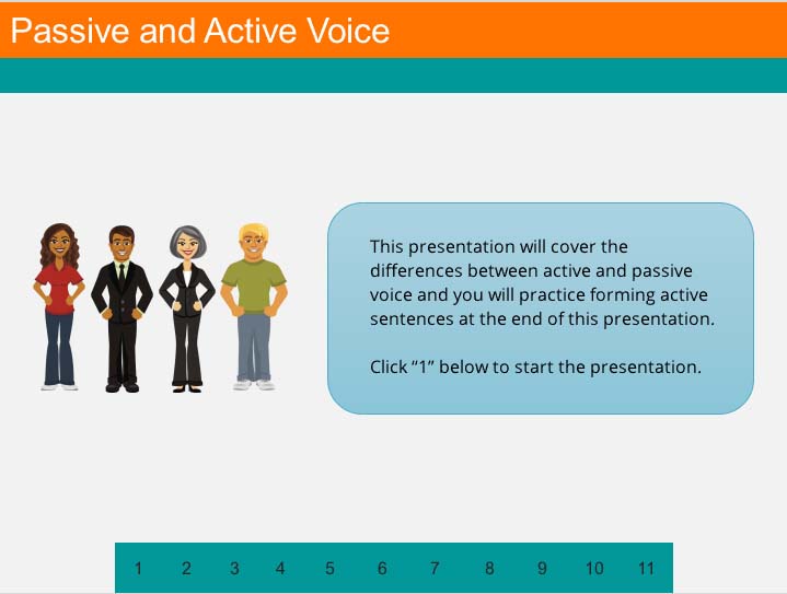 Image of Storyline presentation with four people and the topic is Passive and Active Voice.
