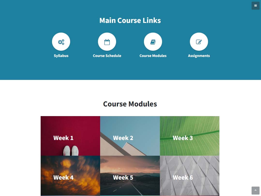 Image of a course webpage with links and course modules represented with images and week number.
